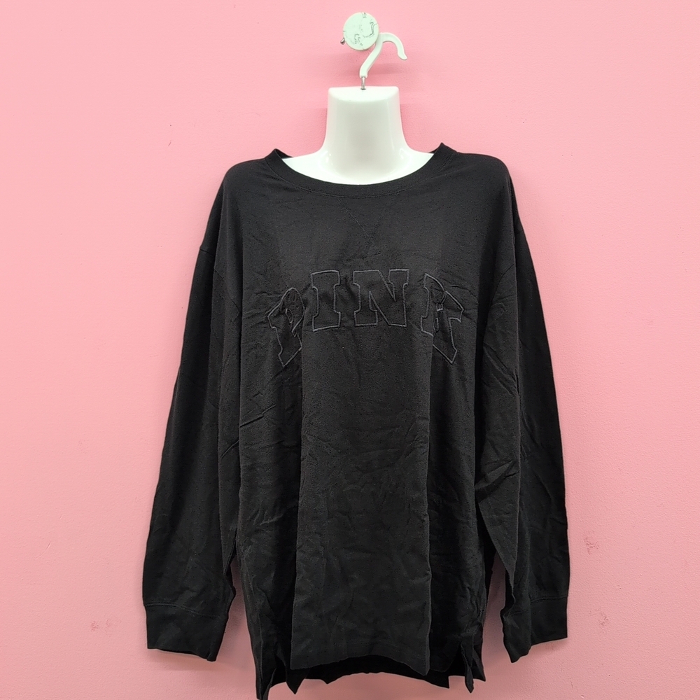 Victoria Secret Pink Campus Cotton Women's Long Sleeve Tee Size XL Pure Black